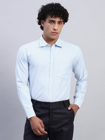 Men’s Light Blue Pinstripe Formal Shirt – Front View | Smokhead Slim Fit Long Sleeve Office Shirt