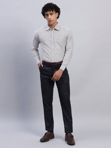 Full Look – Smokhead Men’s White & Grey Striped Shirt with Navy Formal Trousers | Smart Office Outfit