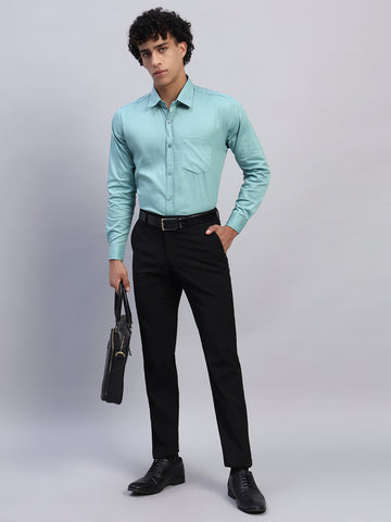 Full look: Men's mint green formal shirt styled with black formal trousers, black leather belt, business bag, and formal shoes — SMOKHEAD business professional outfit