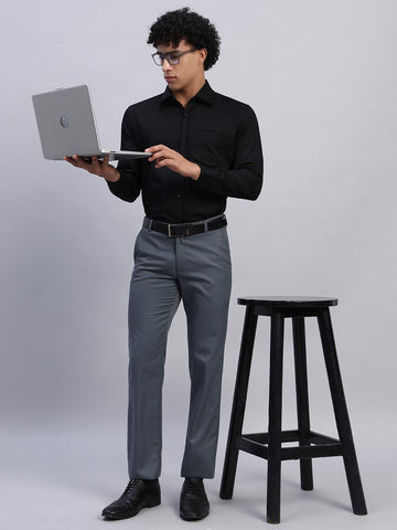 Full look: Men's black formal full-sleeve shirt styled with grey formal trousers, black belt, and black formal shoes — SMOKHEAD office and business professional outfit