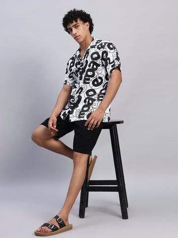 Men's black and white abstract graphic print short-sleeve shirt — SMOKHEAD casual summer streetwear collection