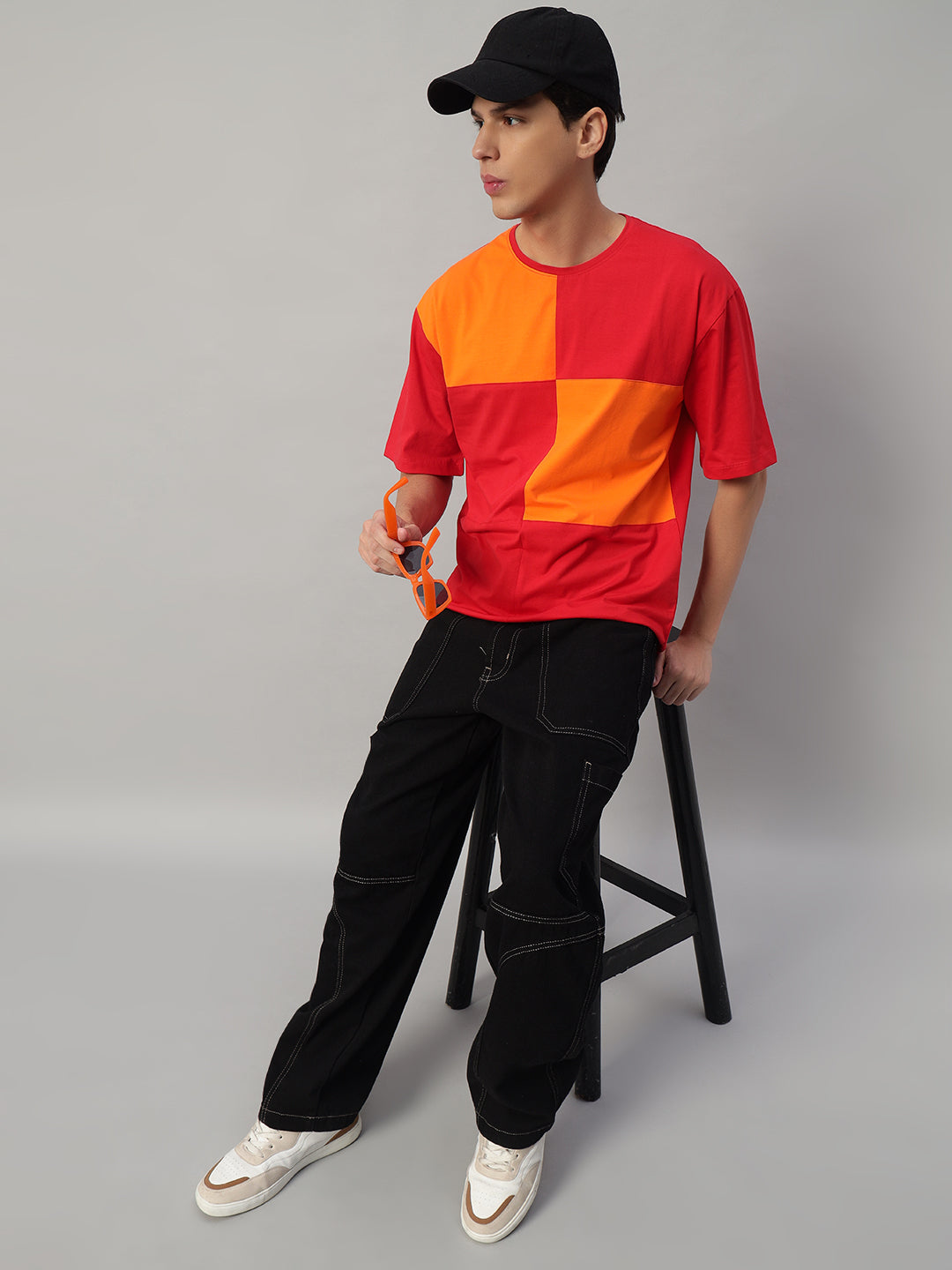 Front View – SMOKHEAD Men's Red and Orange Color Block T-Shirt with Oversized Fit and Bold Streetwear Aesthetic