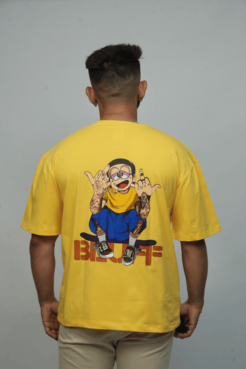 Back View – SMOKHEAD Yellow Oversized Men’s T-Shirt with Bold Cartoon Graphic and Street Style Tattoo Art - Bluff