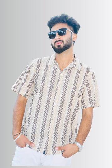 Men’s Cream and Brown Zigzag Striped Shirt – Front View | Smokhead Short Sleeve Resort Shirt with Button Closure
