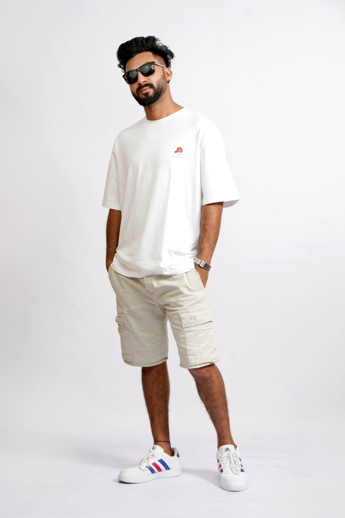Back View – SMOKHEAD Men's White Oversized T-Shirt with 'Bounced' Skull and Smile Graphic Print