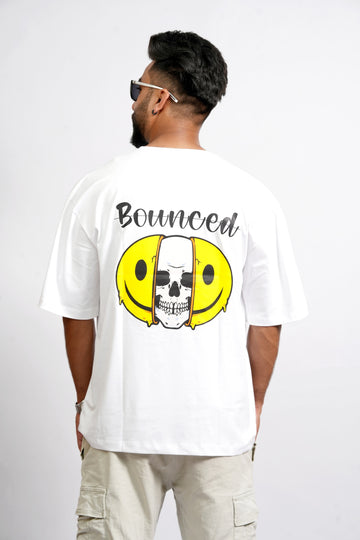 Back View – SMOKHEAD Men's White Oversized T-Shirt with 'Bounced' Skull and Smile Graphic Print