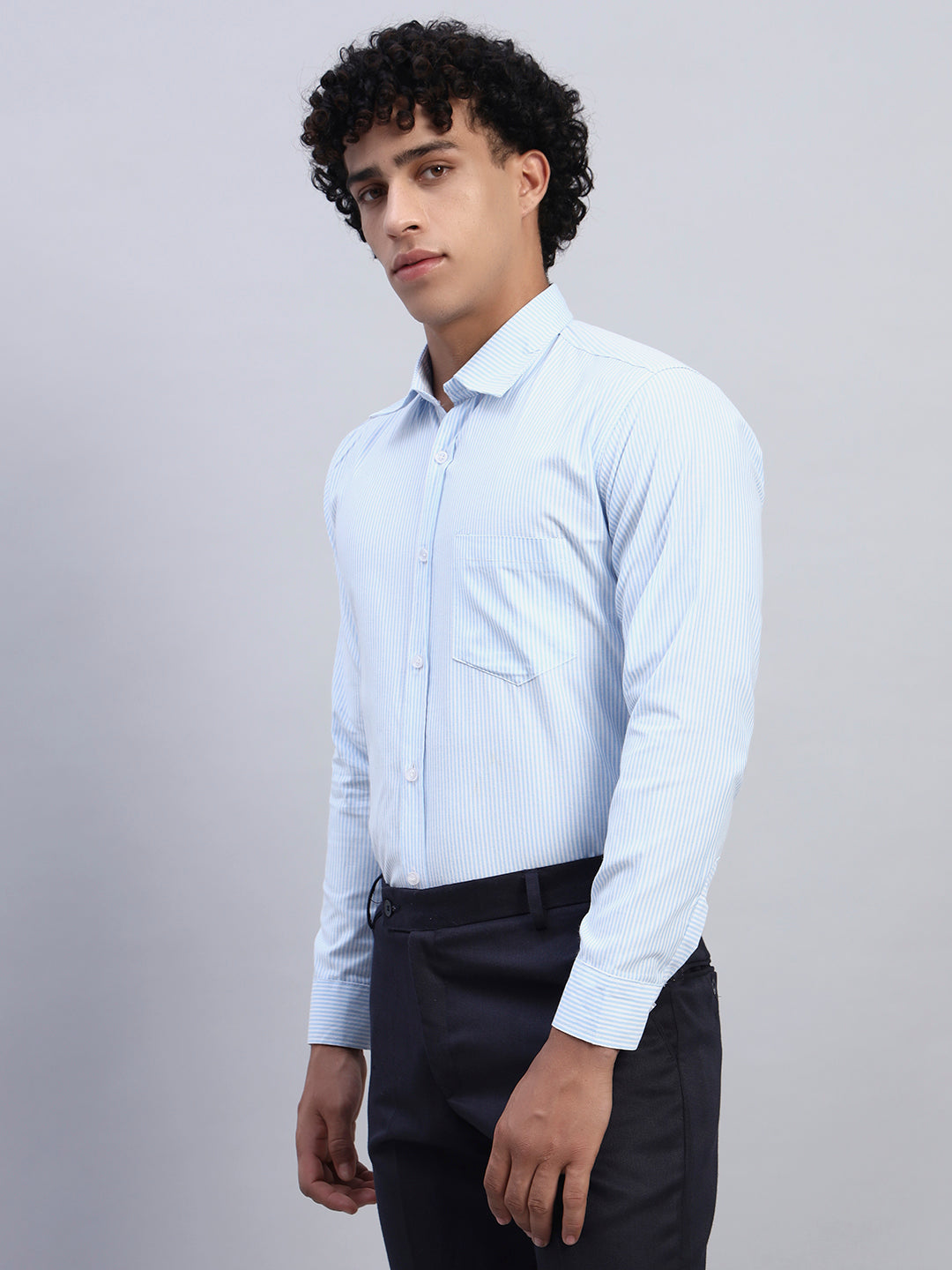 Left Side View – Smokhead Men’s Light Blue Striped Formal Shirt | Classic Collar and Chest Pocket
