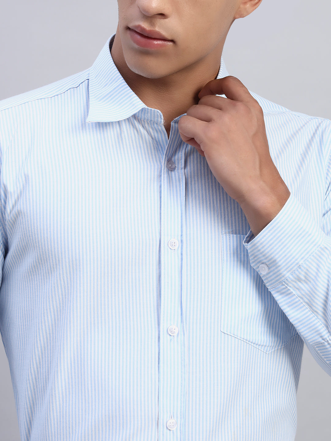 Close-Up of Smokhead Light Blue Pinstripe Shirt – Premium Cotton Blend with Subtle Stripes and Pocket Detail