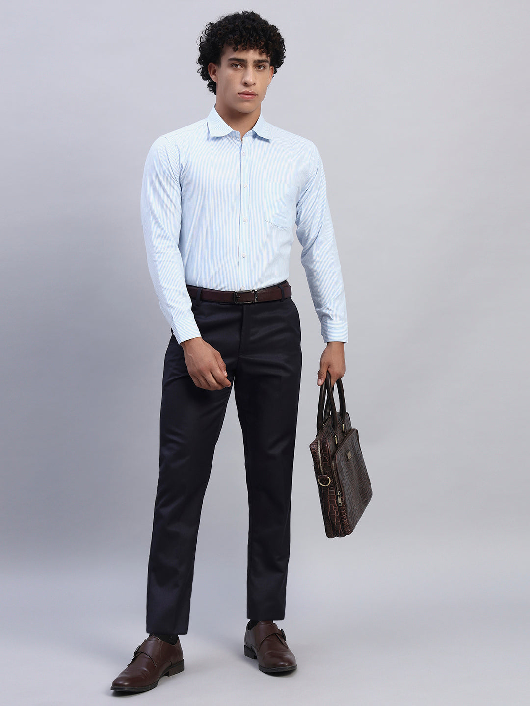 Full Look – Smokhead Men’s Light Blue Pinstripe Shirt with Black Formal Trousers | Business Ready Outfit