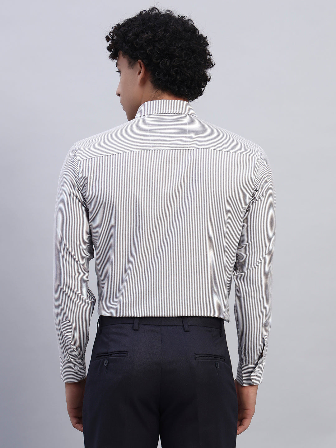 Smokhead Men’s Slim Fit Striped Shirt – Back View | White & Grey Long Sleeve Shirt for Business Attire