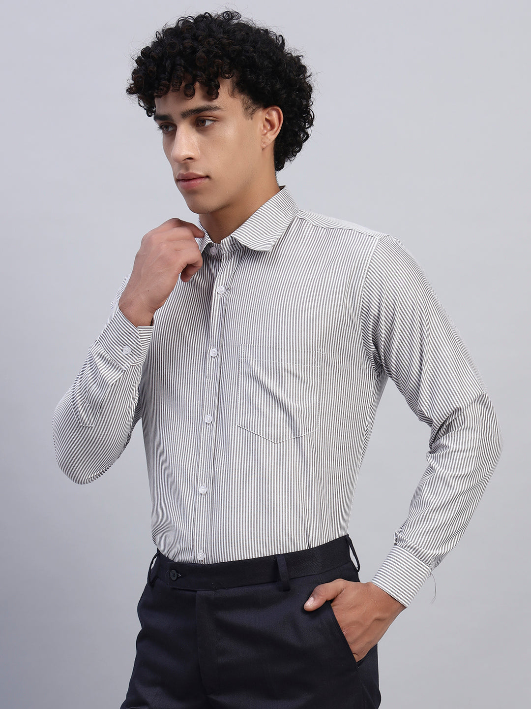 Full Look – Smokhead Men’s White & Grey Striped Shirt with Navy Formal Trousers | Smart Office Outfit
