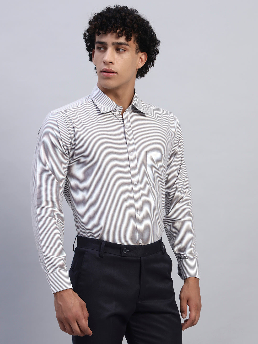Left Side View of Smokhead Men’s White & Grey Striped Shirt | Formal Slim Fit Shirt with Classic Collar
