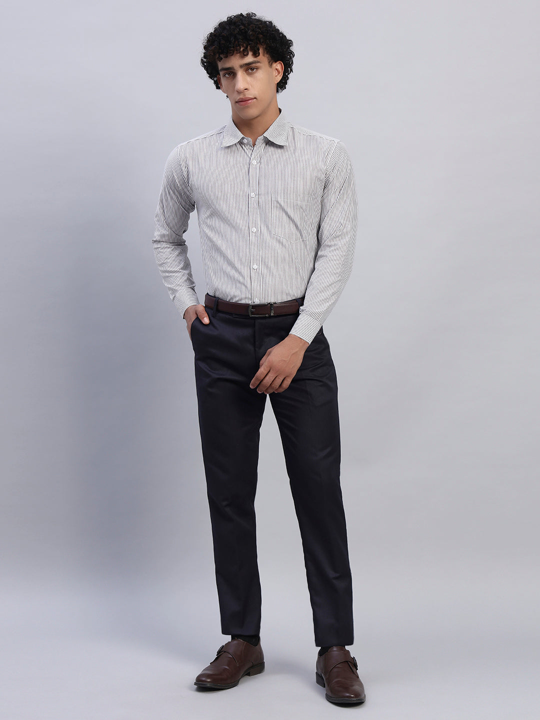 Full Look – Smokhead Men’s White & Grey Striped Shirt with Navy Formal Trousers | Smart Office Outfit