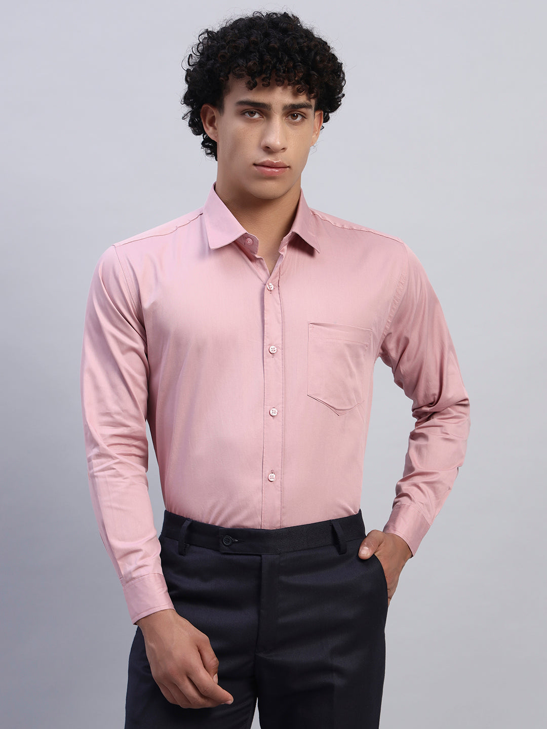 Men’s Slim Fit Light Pink Formal Shirt – Front View | Full Sleeve Cotton Blend Office Shirt  SMOKHEAD