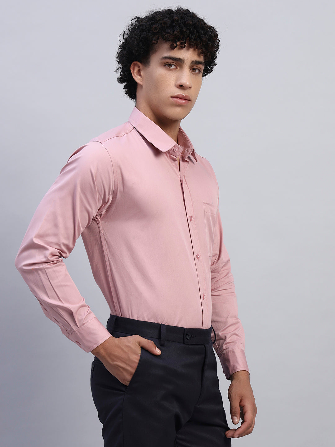 Men’s Light Pink Formal Shirt – Right Side Profile | Long Sleeve Slim Fit Shirt