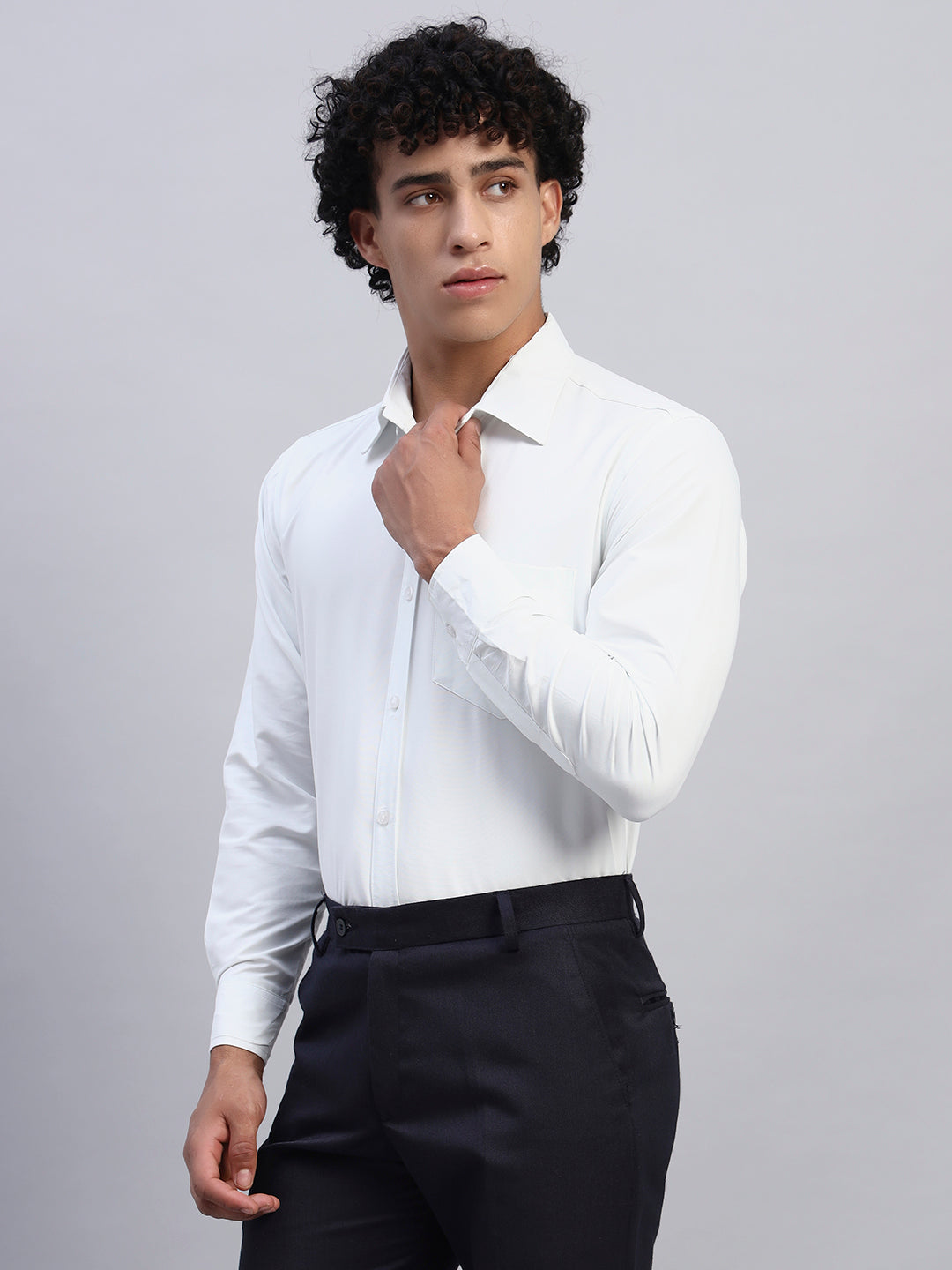 Left side profile of men's white formal full-sleeve shirt — SMOKHEAD premium business attire with tailored fit