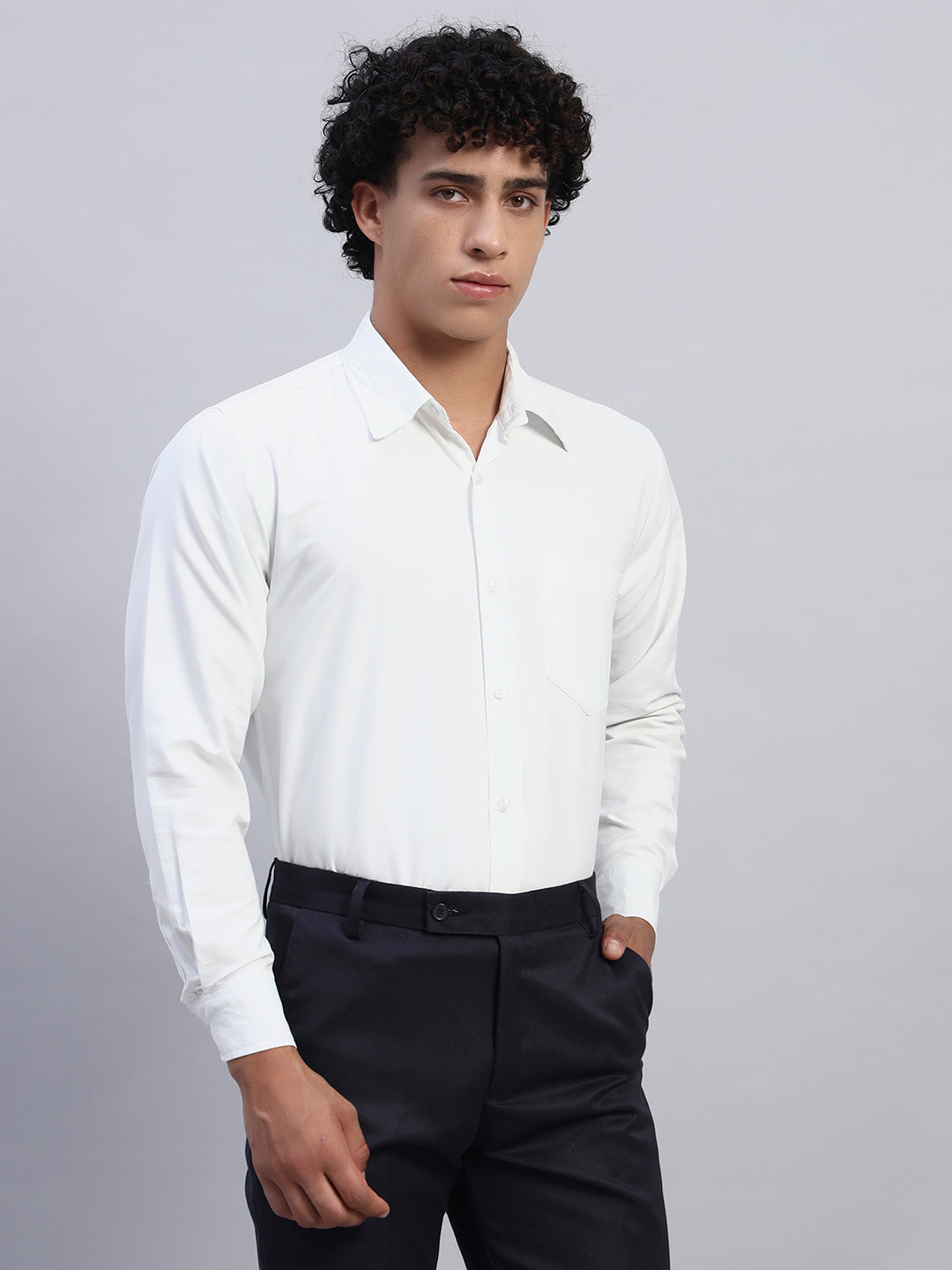 Right side profile of men's white formal full-sleeve shirt — SMOKHEAD sophisticated office shirt with button-down collar