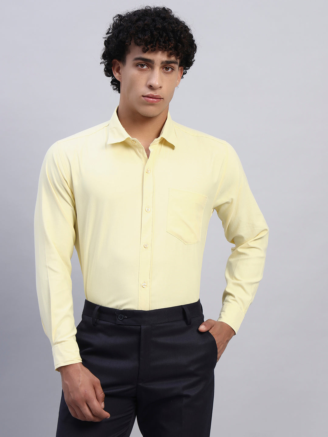 Men's pastel yellow formal full-sleeve shirt front view — SMOKHEAD office wear and professional business collection