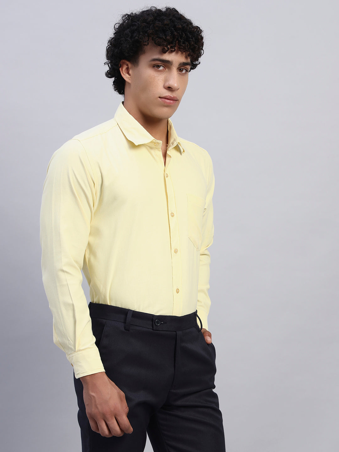 Right side profile of men's pastel yellow formal full-sleeve shirt — SMOKHEAD modern officewear for business meetings