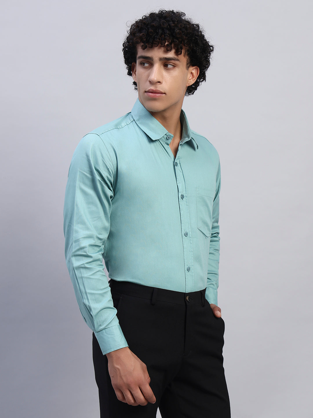 Right side profile of men's mint green full-sleeve formal shirt — SMOKHEAD modern corporate officewear