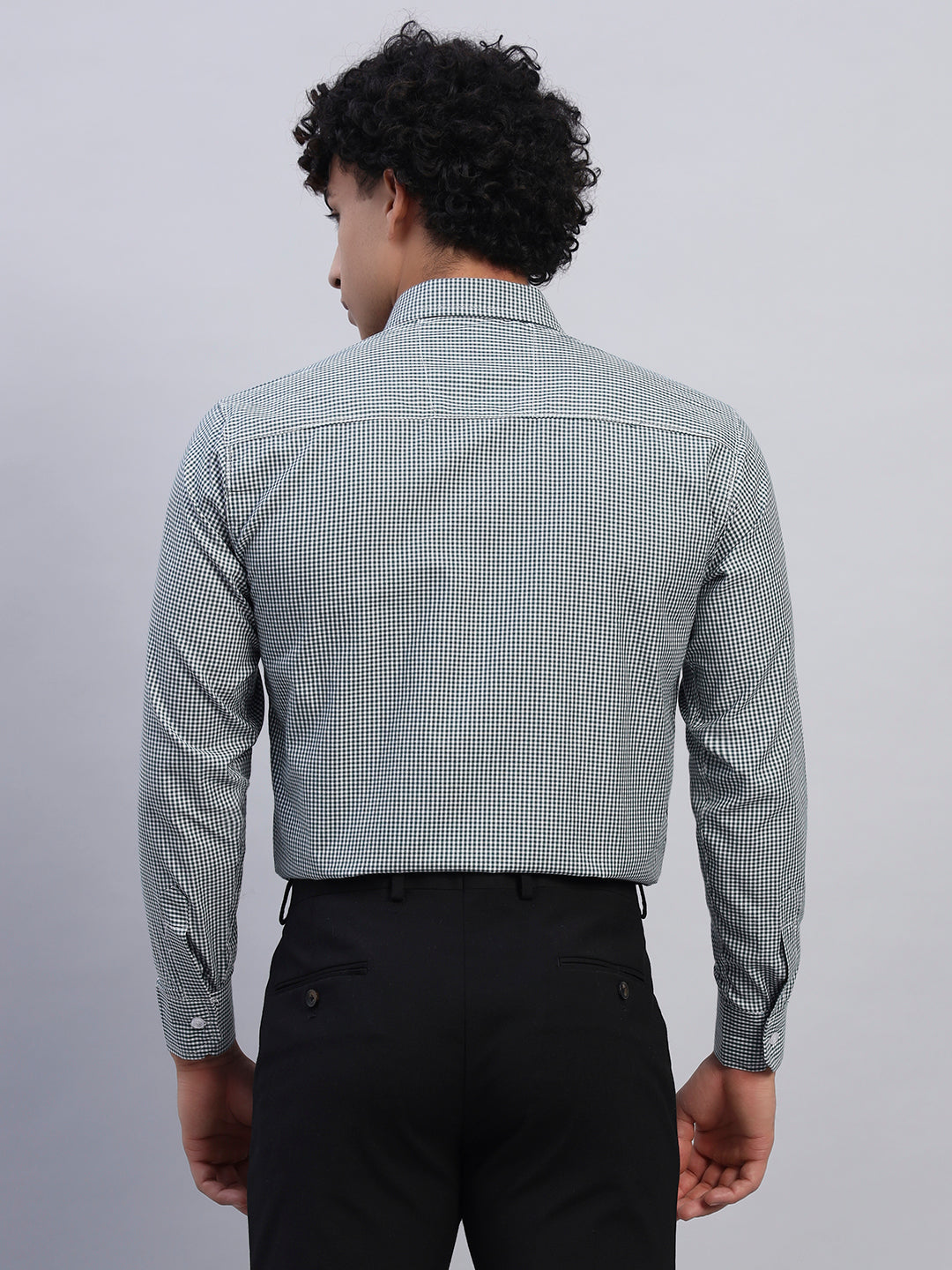 Smokhead Men’s Slim Fit Checked Shirt – Back View | Green & White Long Sleeve Formal Shirt