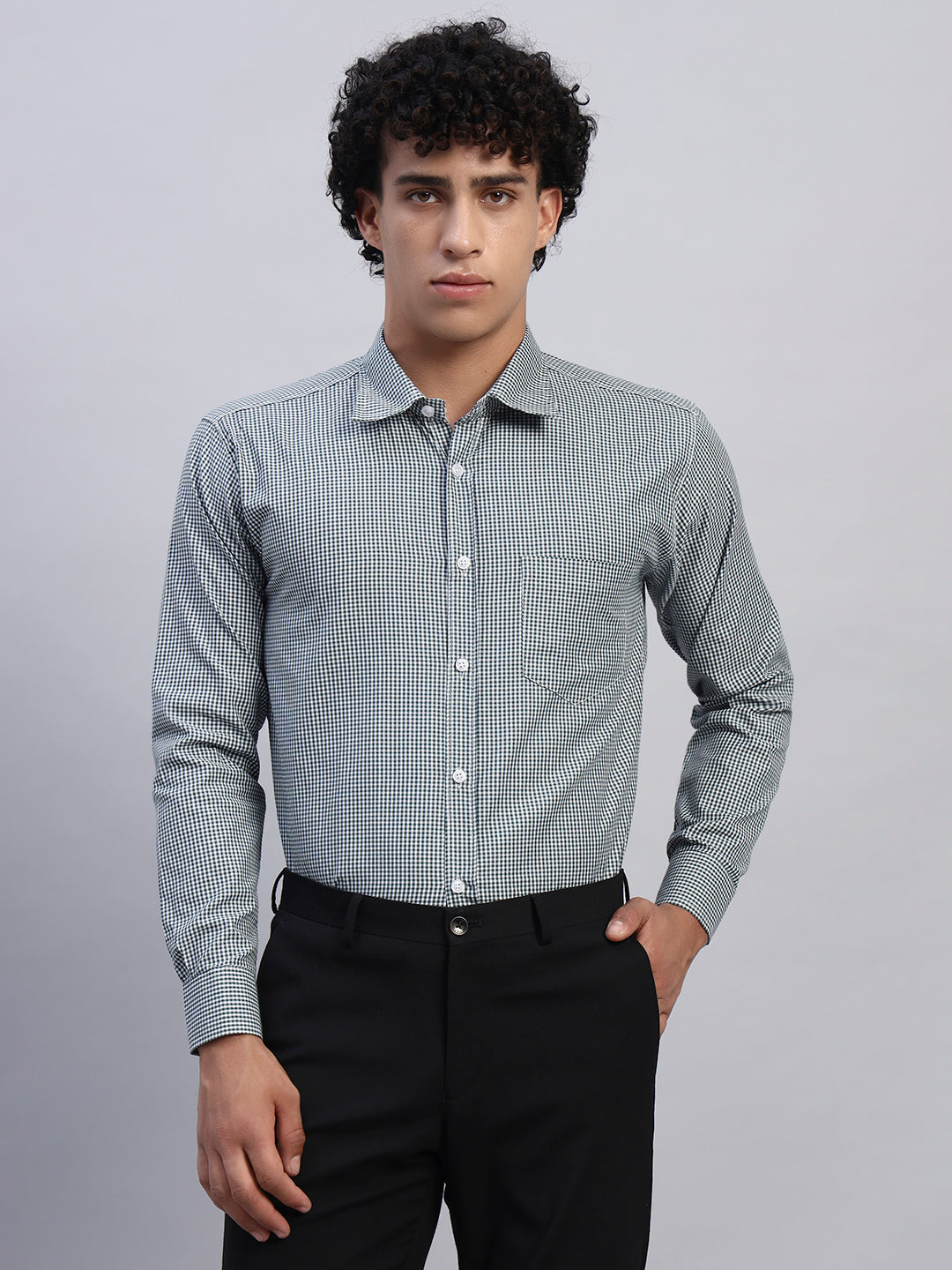 Men’s Green & White Checked Formal Shirt – Front View | Smokhead Slim Fit Cotton Shirt for Office & Business Wear