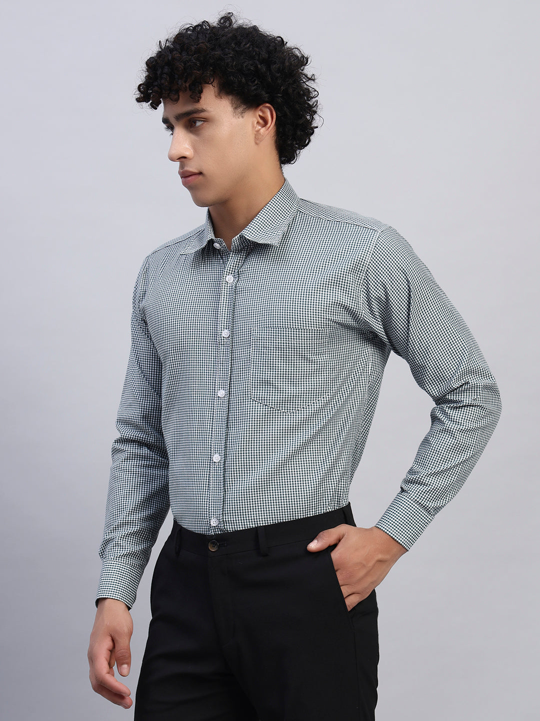 Left Side View of Smokhead Men’s Checked Shirt | Slim Fit Green & White Cotton Shirt for Formal Look