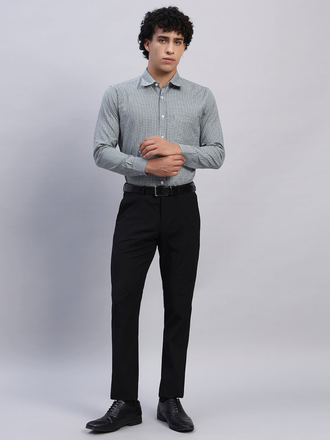 Full Look – Smokhead Men’s Green & White Checked Shirt with Black Trousers | Smart Officewear Outfit