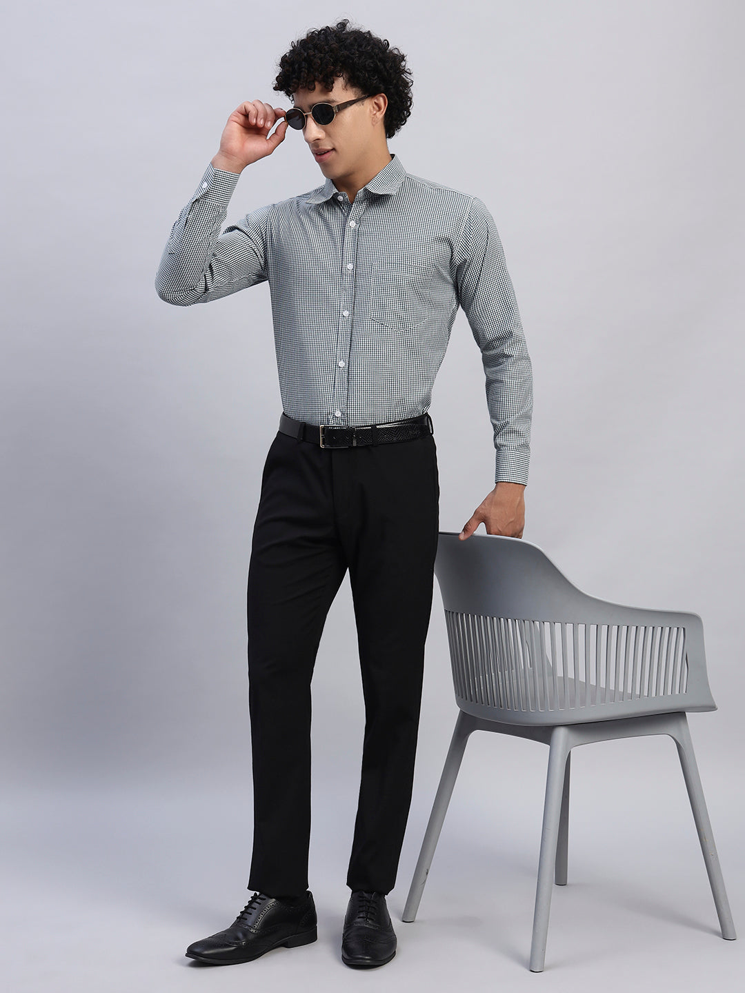 Full Look – Smokhead Men’s Green & White Checked Shirt with Black Trousers | Smart Officewear Outfit