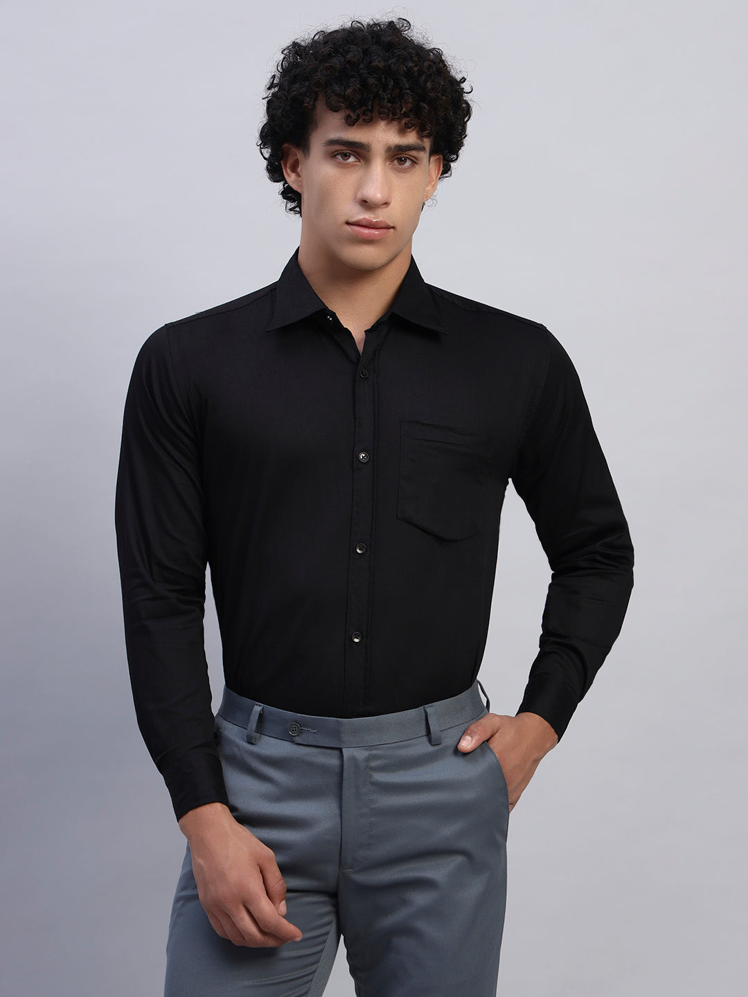 Men's classic black formal full-sleeve shirt front view — SMOKHEAD office wear and business formal collection