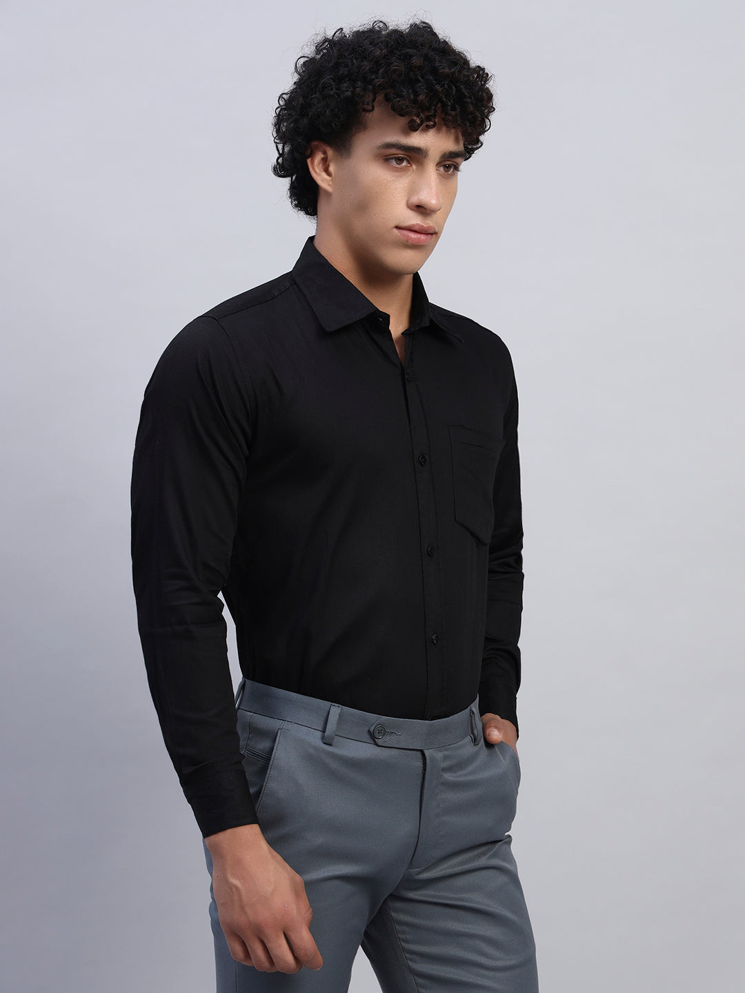 Right side profile of men's black full-sleeve formal shirt — SMOKHEAD modern formalwear for office and meetings