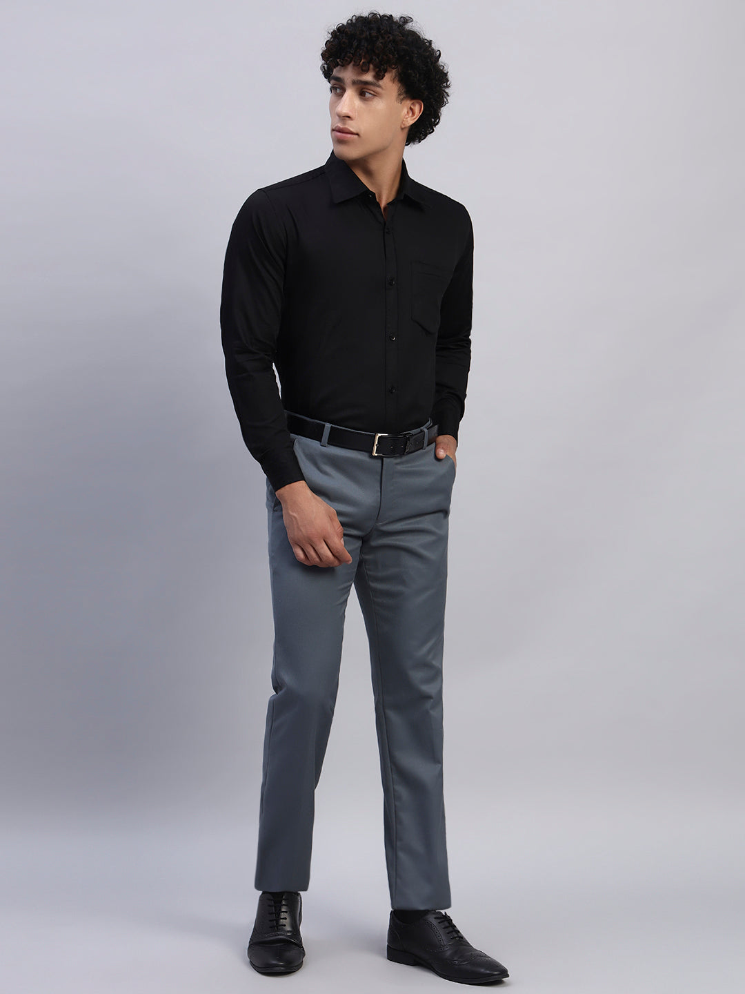 Full look: Men's black formal full-sleeve shirt styled with grey formal trousers, black belt, and black formal shoes — SMOKHEAD office and business professional outfit