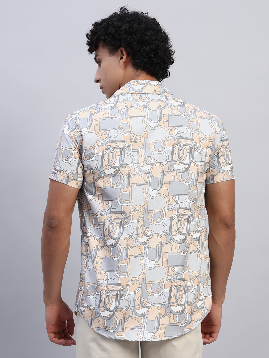 Men’s beige and pastel geometric print short-sleeve shirt back view — SMOKHEAD casual summer streetwear collection