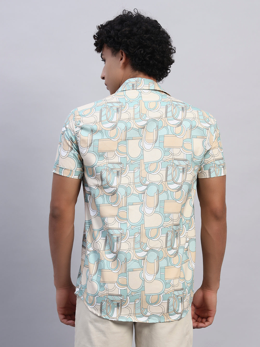 Men’s beige and pastel abstract pattern short-sleeve shirt back view — SMOKHEAD lightweight summer casual shirt