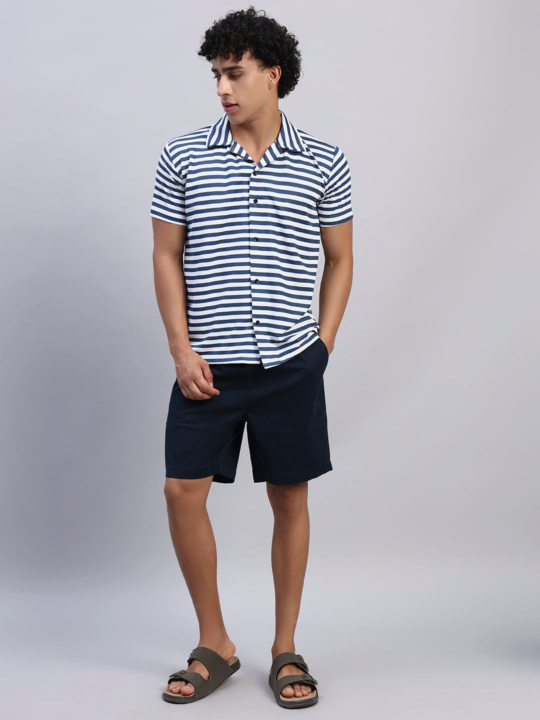 Men's navy blue and white horizontal striped short-sleeve shirt front view — SMOKHEAD summer casual collection