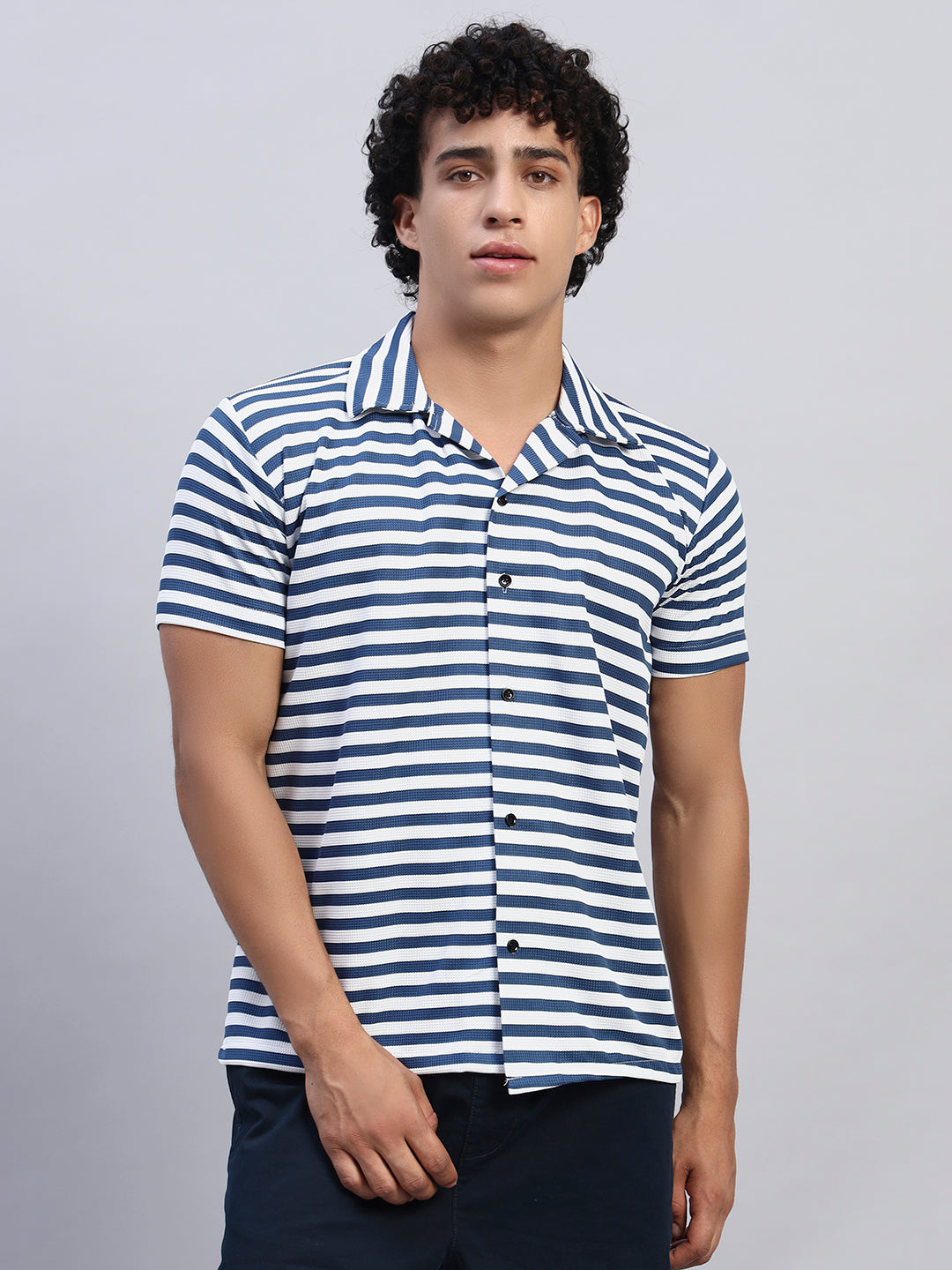 Men's navy blue and white horizontal striped short-sleeve shirt front view — SMOKHEAD summer casual collection
