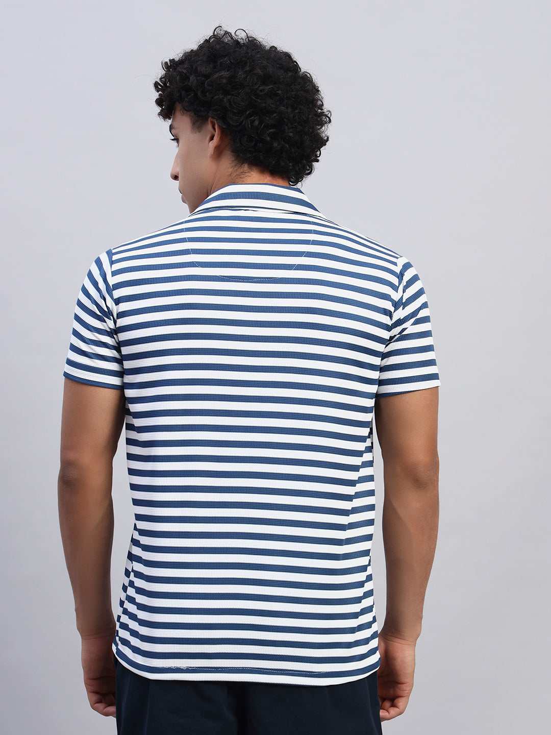 Men's navy blue and white striped short-sleeve shirt back view — SMOKHEAD lightweight summer casual wea