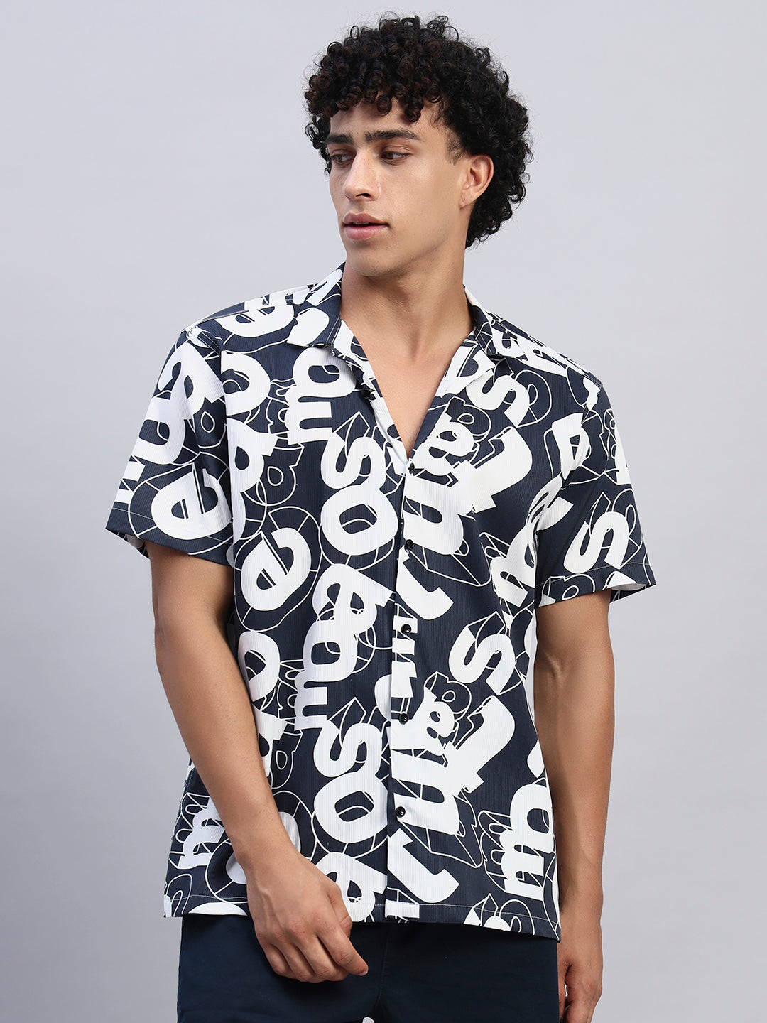 Male model  in navy blue oversized printed shirt for men-Smokhead