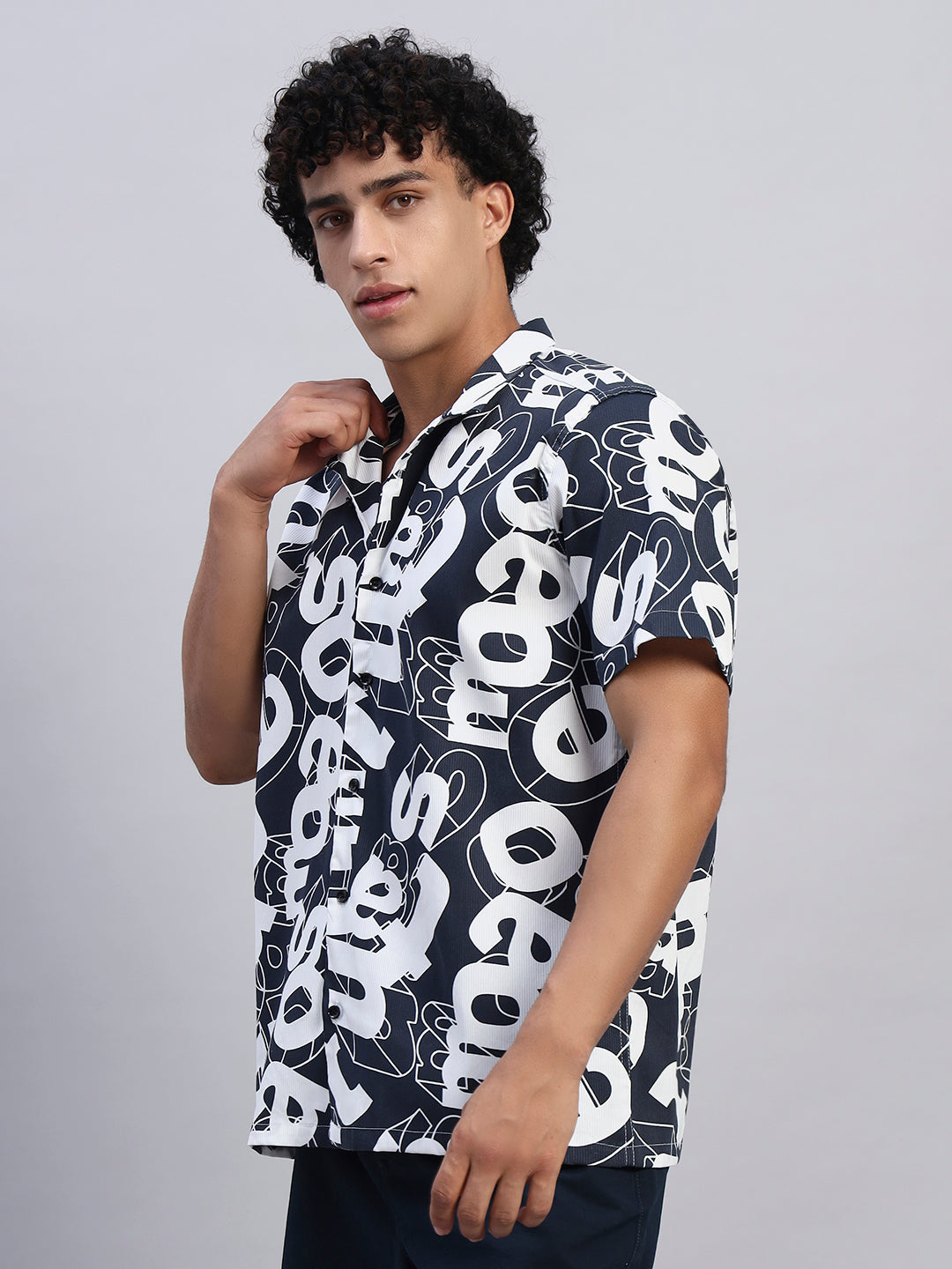 Male model side view in navy blue oversized printed shirt for men-Smokhead