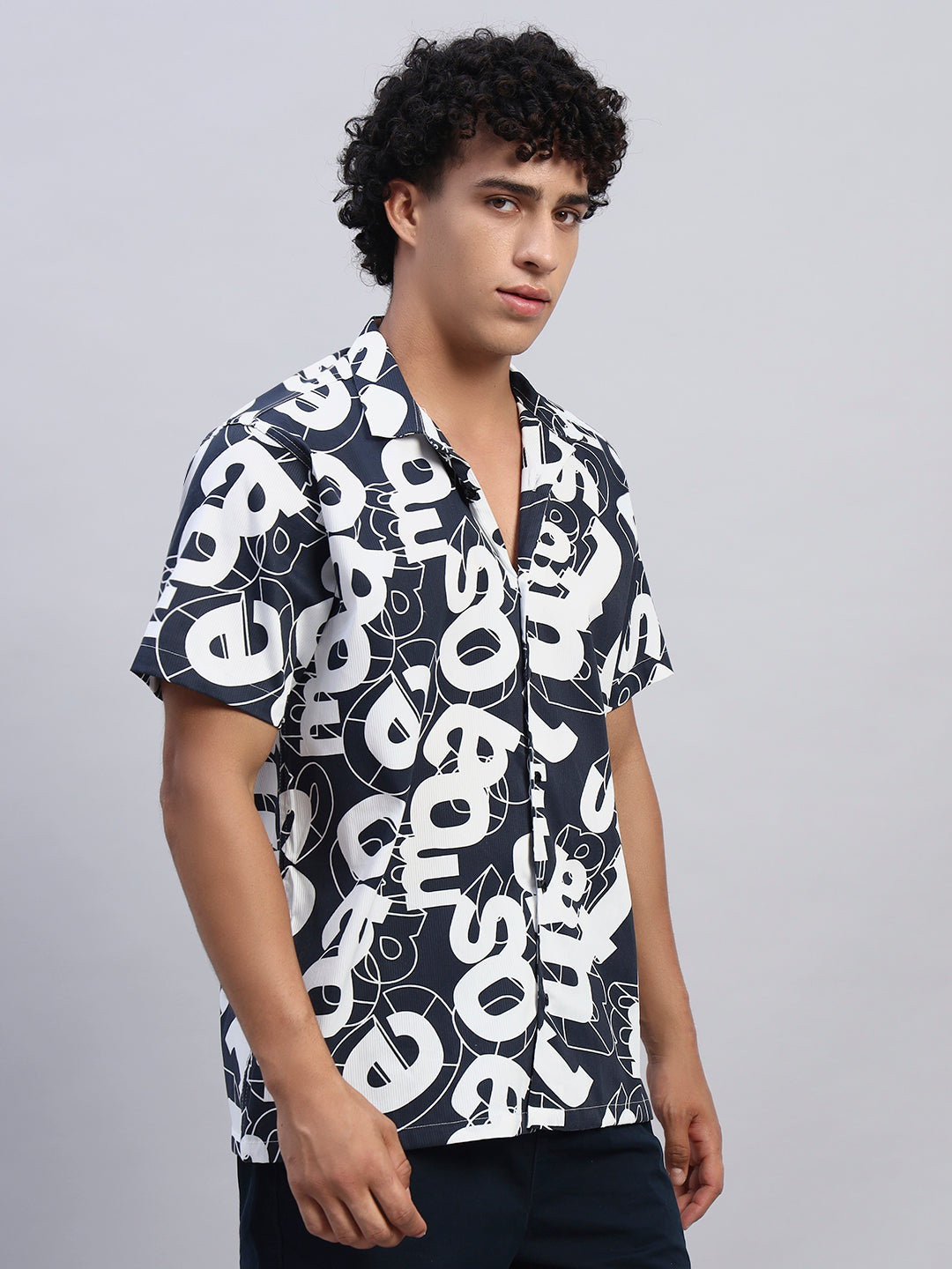 Side view of model in navy blue oversized printed shirt for men-Smokhead