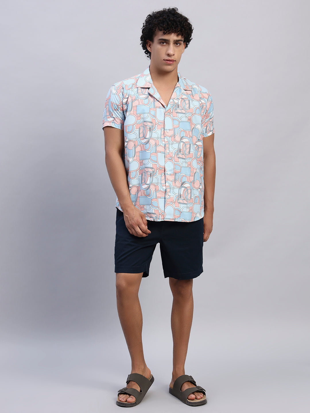Men's multicolor abstract graphic print short-sleeve shirt front view — SMOKHEAD summer casual collection
