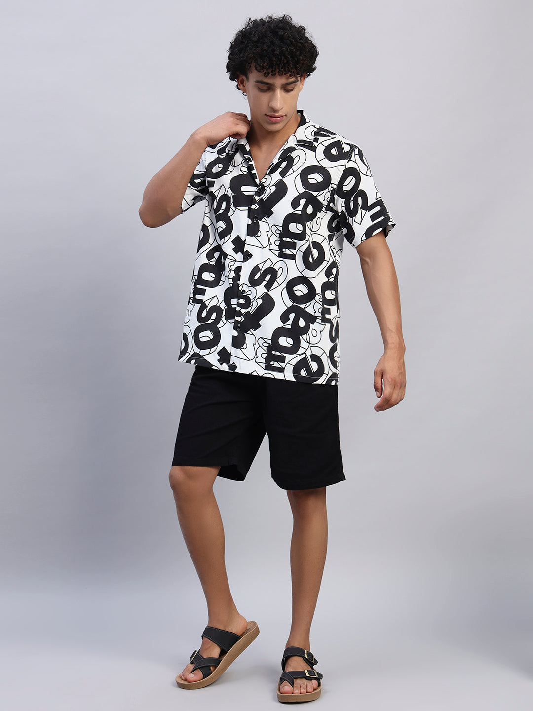 Men's black and white abstract graphic short-sleeve shirt front view — SMOKHEAD summer streetwear collection