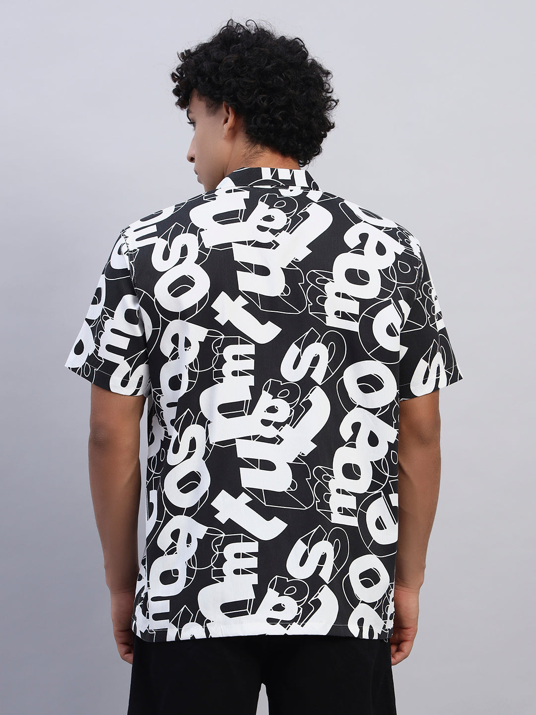 Men's black and white abstract graphic short-sleeve shirt back view showcasing bold typography print — SMOKHEAD streetwear collection