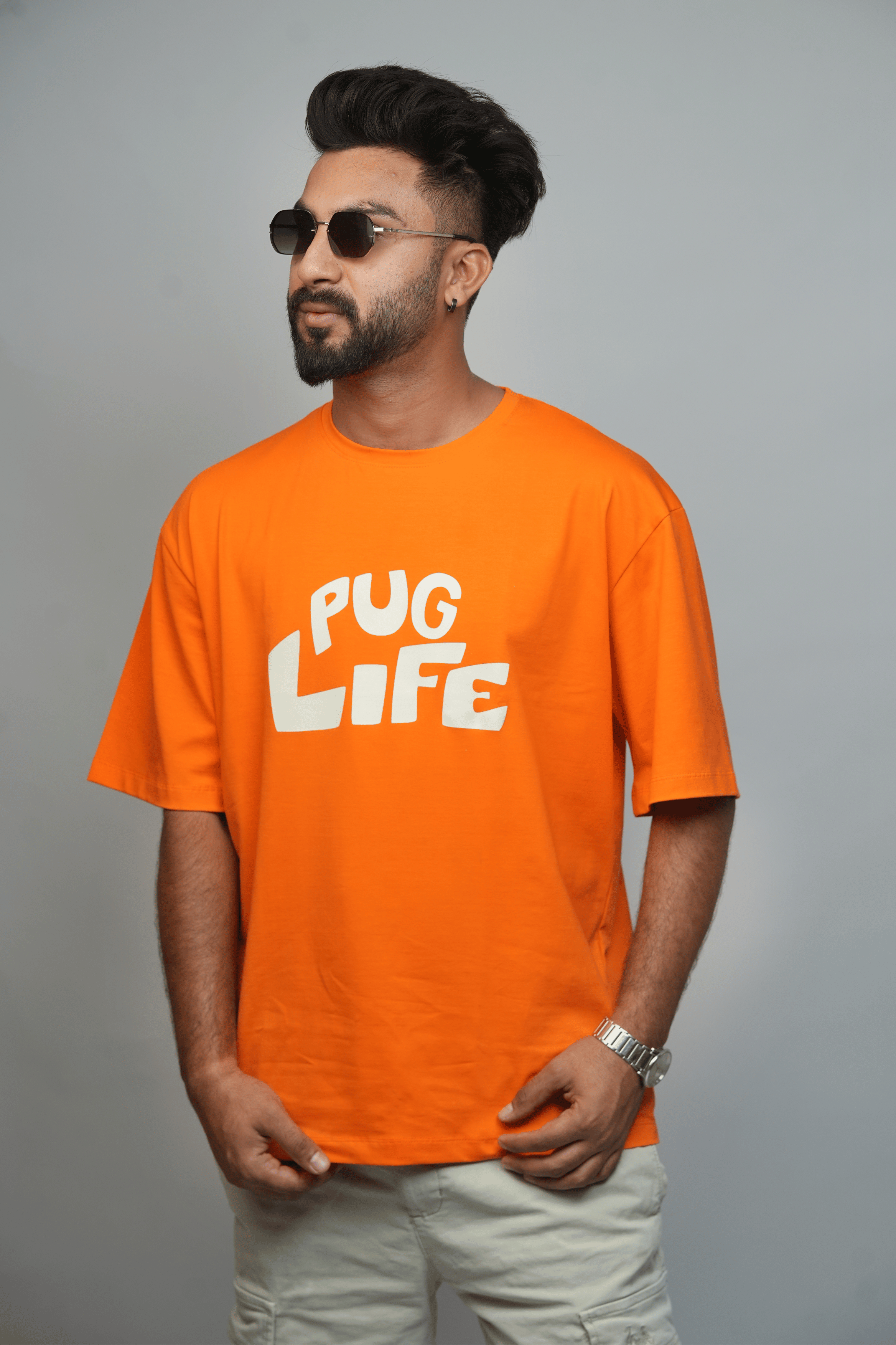 Front View – SMOKHEAD Orange Oversized Men’s T-Shirt with Bold 'PUG LIFE' Graphic Print | Trendy Streetwear