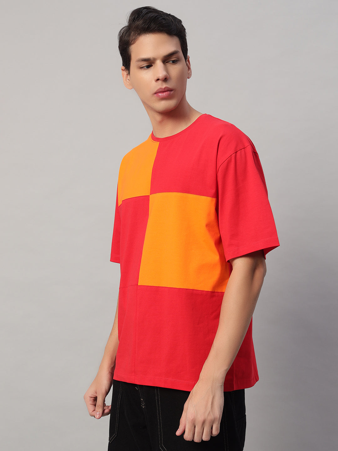 Left Side View – SMOKHEAD Men's Red and Orange Geometric Block Tee in Relaxed Street Style