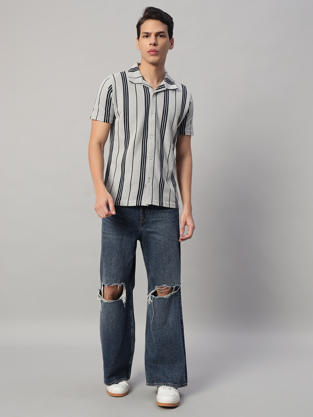 Men’s Casual Grey Shirt with Black Vertical Stripes – Front View | SMOKHEAD Relaxed Fit Cuban Collar Shirt