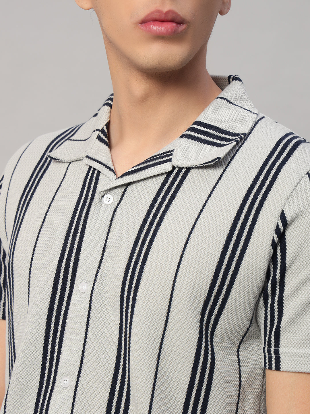 Close-Up of SMOKHEAD Grey Striped Shirt – Short Sleeve Cuban Collar with Soft Textured Fabric