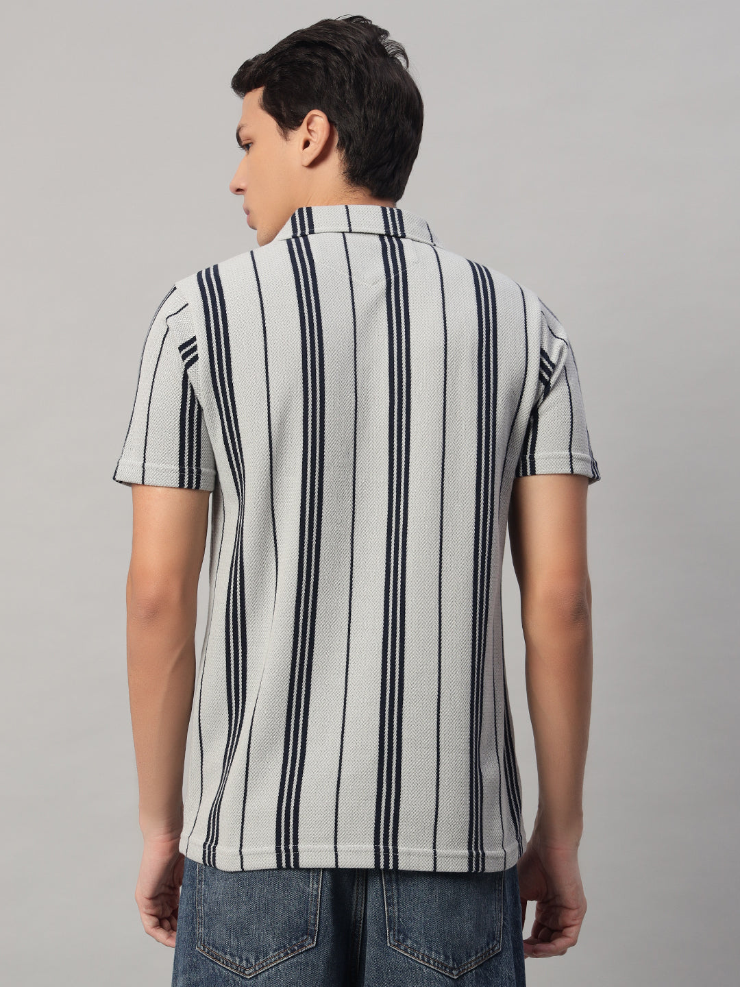 SMOKHEAD Men’s Grey & Black Striped Shirt – Back View | Short Sleeve Cuban Collar Casual Shirt
