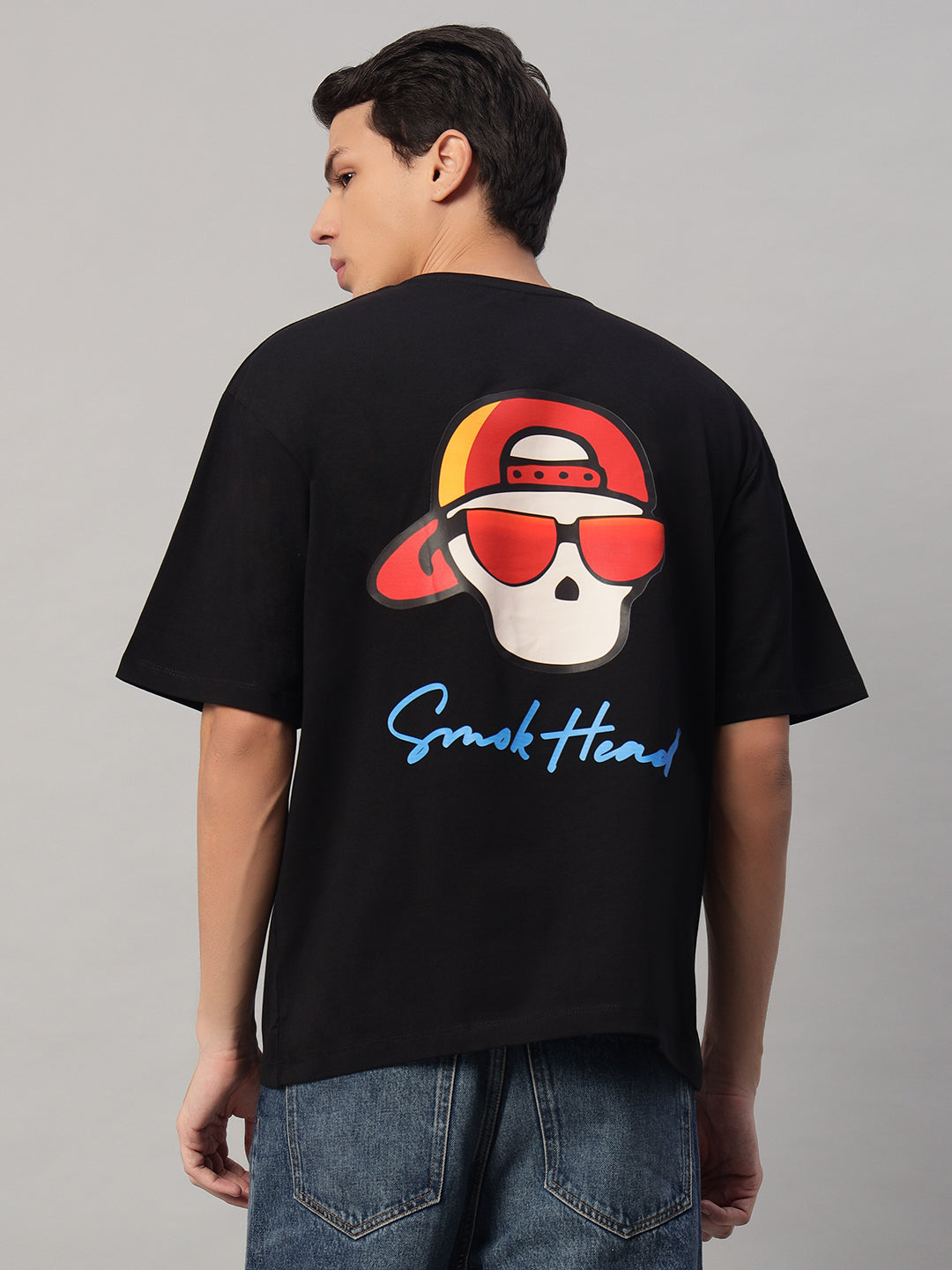 Back View – SMOKHEAD Men's Black Graphic T-Shirt Featuring Bold Skull with Cap and Sunglasses Print