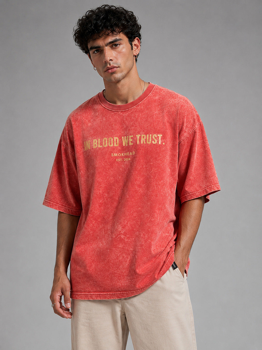 SMOKHEAD In Blood We Trust Acid Wash Oversized T-Shirt for Men | Premium Cotton | Vintage Streetwear Tee